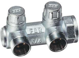 Запорный коллектор 3/4" с 2 отв. 1/2"НР под плоск.уплотнение (межосев. 45 мм), концевой