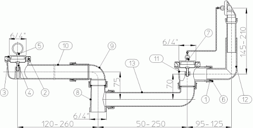 HL 25U-6/4 Сточное соединение для сдвоенной двухуровневой раковины с переливом, DN40